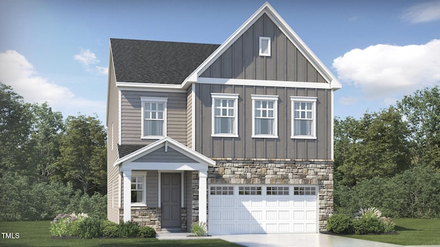 317 Calvander Ln, Apex, NC 27539 - craftsman-style home featuring board and batten siding, stone siding, a garage, concrete driveway, and a shingled roof