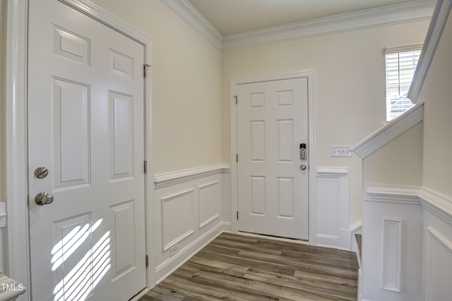 3505 Triad Ct, Raleigh, NC 27604 - entrance foyer with dark wood-type flooring, a decorative wall, wainscoting, and ornamental molding