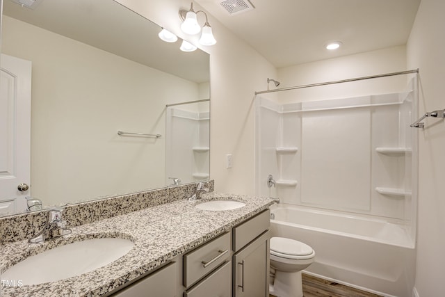 3505 Triad Ct, Raleigh, NC 27604 - full bathroom with bathing tub / shower combination, double vanity, wood finished floors, and recessed lighting