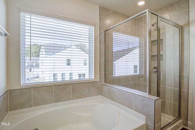 3505 Triad Ct, Raleigh, NC 27604 - bathroom featuring a stall shower, a bath, and recessed lighting