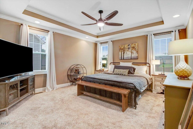 52 Summit Overlook Dr, Clayton, NC 27527 - bedroom with crown molding, a raised ceiling, light carpet, multiple windows, and recessed lighting