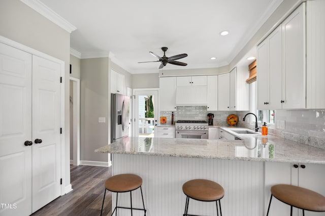 633 Fleming Rd, Youngsville, NC 27596 - kitchen with stainless steel appliances, a peninsula, ceiling fan, backsplash, and dark wood finished floors