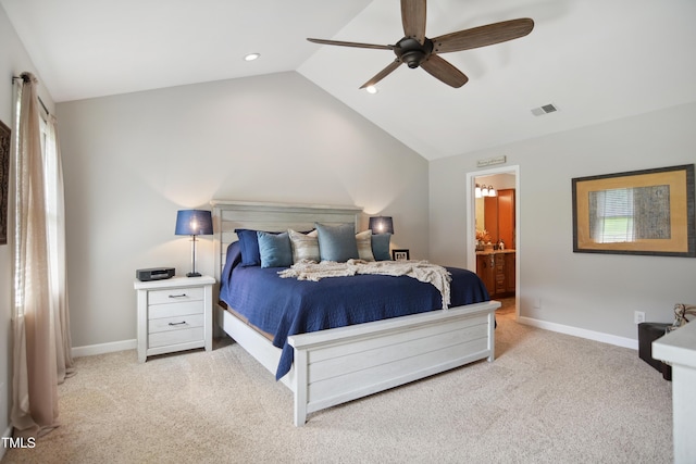 633 Fleming Rd, Youngsville, NC 27596 - bedroom with light carpet, lofted ceiling, connected bathroom, ceiling fan, and recessed lighting