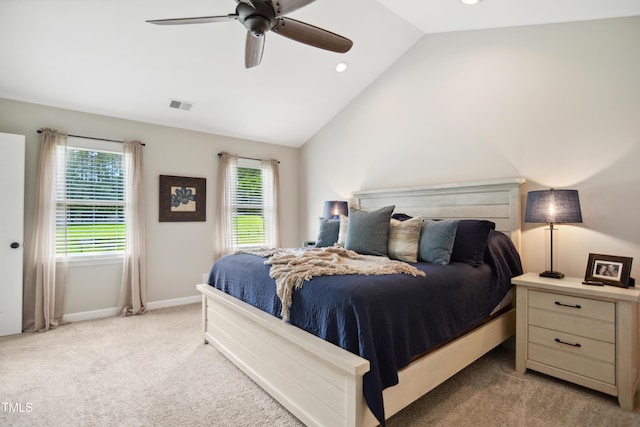 633 Fleming Rd, Youngsville, NC 27596 - bedroom featuring multiple windows, light carpet, lofted ceiling, recessed lighting, and a ceiling fan
