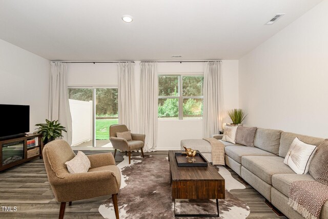 2050 Trailside Dr, Durham, NC 27704 - living area with healthy amount of natural light, wood finished floors, and recessed lighting