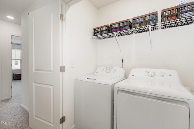 2050 Trailside Dr, Durham, NC 27704 - laundry area with washer and clothes dryer, carpet floors, and recessed lighting