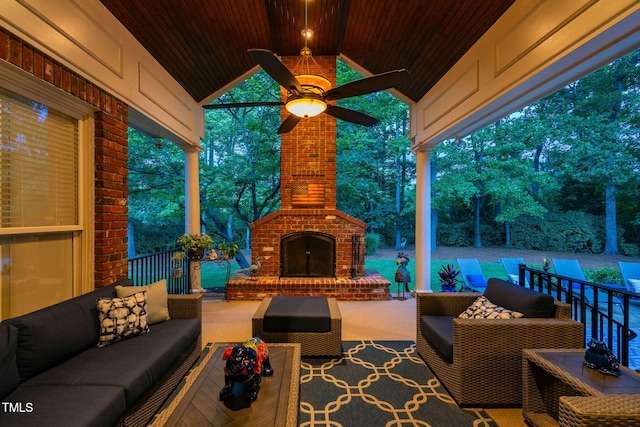 114 Kendleton Pl, Cary, NC 27518 - view of patio / terrace with an outdoor living space with a fireplace and ceiling fan