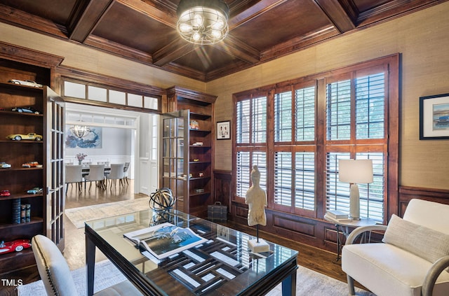 114 Kendleton Pl, Cary, NC 27518 - office featuring coffered ceiling, healthy amount of natural light, crown molding, wood finished floors, and a wooden ceiling with exposed beams