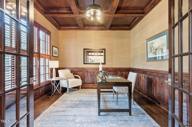 114 Kendleton Pl, Cary, NC 27518 - home office featuring dark wood-style flooring, plenty of natural light, a wood ceiling with exposed beams, crown molding, and coffered ceiling