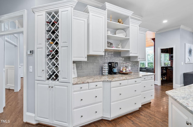 114 Kendleton Pl, Cary, NC 27518 - kitchen with open shelves, tasteful backsplash, white cabinetry, dark wood-style flooring, and crown molding