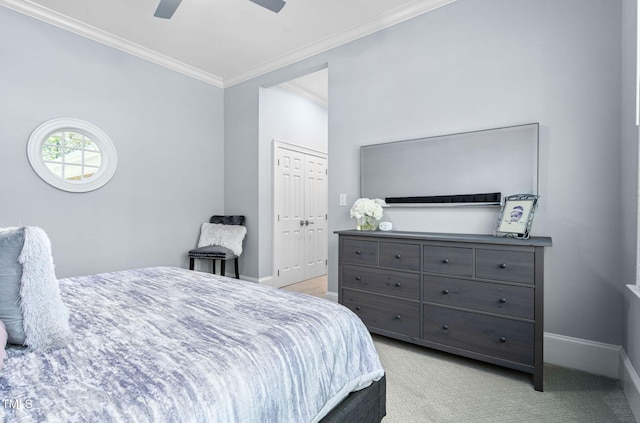 114 Kendleton Pl, Cary, NC 27518 - bedroom with ornamental molding, light carpet, a closet, and ceiling fan