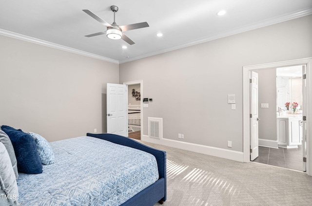 114 Kendleton Pl, Cary, NC 27518 - bedroom featuring carpet, ornamental molding, recessed lighting, ceiling fan, and connected bathroom