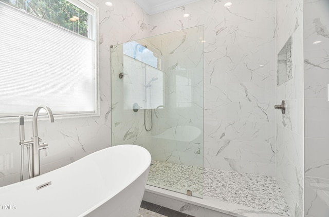 114 Kendleton Pl, Cary, NC 27518 - bathroom featuring a freestanding bath and a marble finish shower