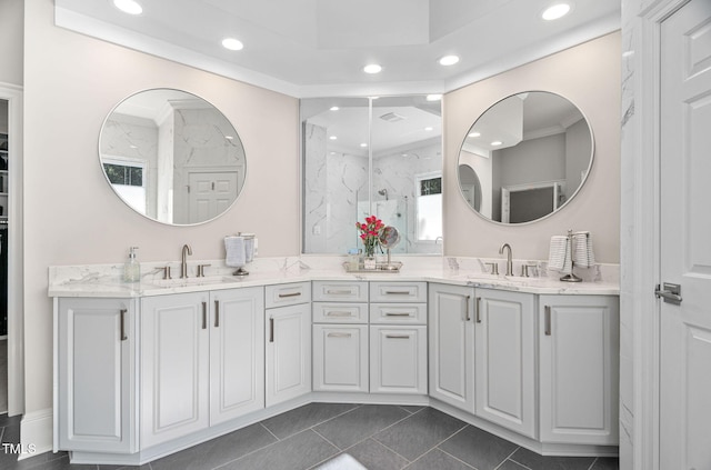 114 Kendleton Pl, Cary, NC 27518 - bathroom featuring recessed lighting, double vanity, a marble finish shower, and tile patterned floors