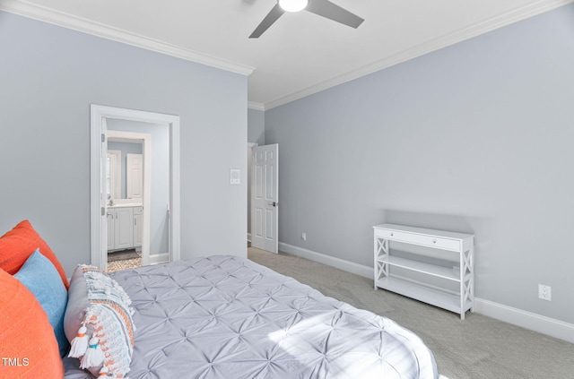 114 Kendleton Pl, Cary, NC 27518 - bedroom with ornamental molding, carpet flooring, ceiling fan, and ensuite bath