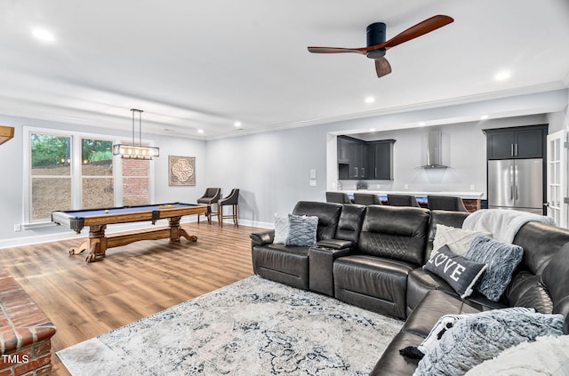 114 Kendleton Pl, Cary, NC 27518 - living room featuring pool table, recessed lighting, ceiling fan, light wood-type flooring, and crown molding