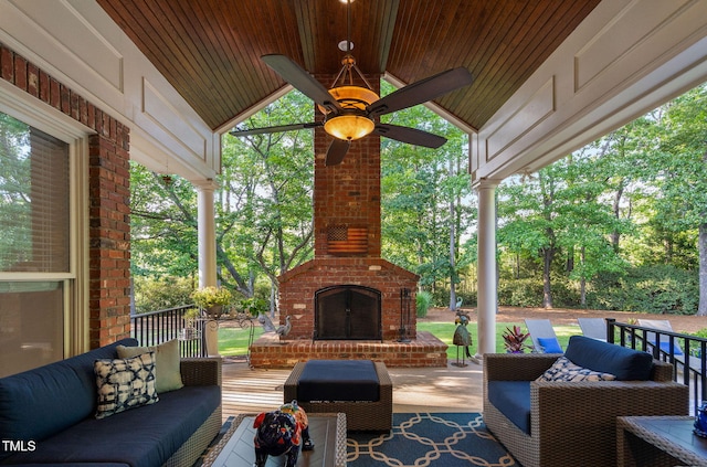 114 Kendleton Pl, Cary, NC 27518 - view of patio with a ceiling fan and an outdoor living space with a fireplace