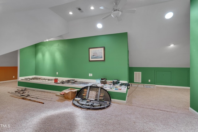 300 Williamston Ridge Dr, Youngsville, NC 27596 - playroom with lofted ceiling, a ceiling fan, carpet, and recessed lighting