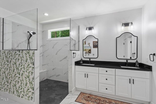 88 Priscilla Ln, Fuquay Varina, NC 27526 - bathroom with marble look tiles, a marble finish shower, and double vanity