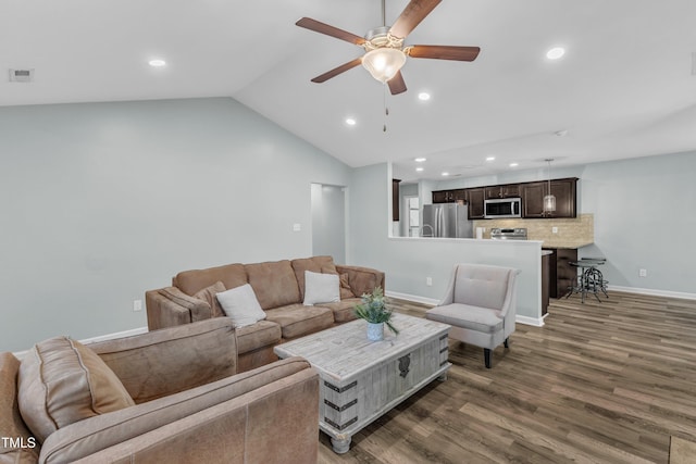 39 All Aboard Cir, Willow Springs, NC 27592 - living room featuring a ceiling fan, recessed lighting, wood finished floors, and lofted ceiling
