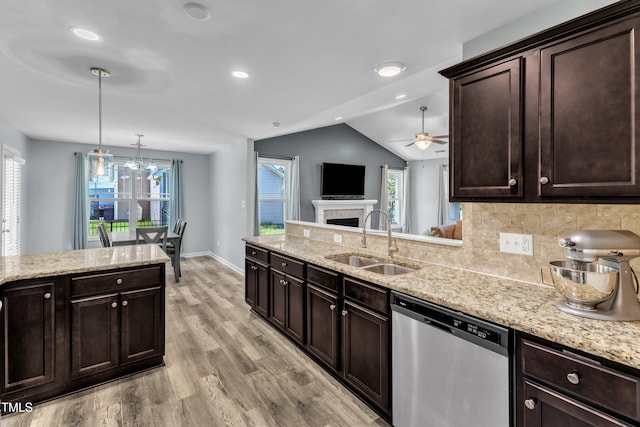 39 All Aboard Cir, Willow Springs, NC 27592 - kitchen featuring dishwasher, a ceiling fan, light wood-style floors, decorative backsplash, and lofted ceiling