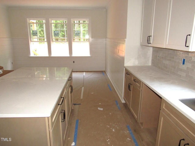 1155 Shonele Ln, Stem, NC 27581 - kitchen featuring light countertops, a center island, decorative backsplash, a wainscoted wall, and white cabinets