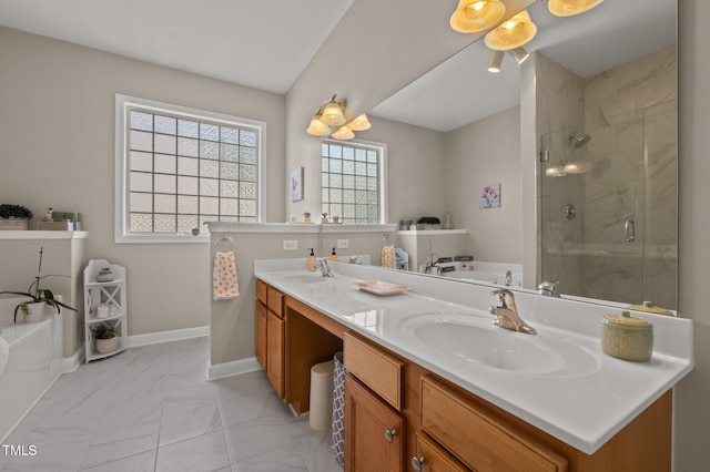 5216 Marcella Ct, Durham, NC 27707 - bathroom with double vanity, a bath, marble look tile flooring, and a stall shower