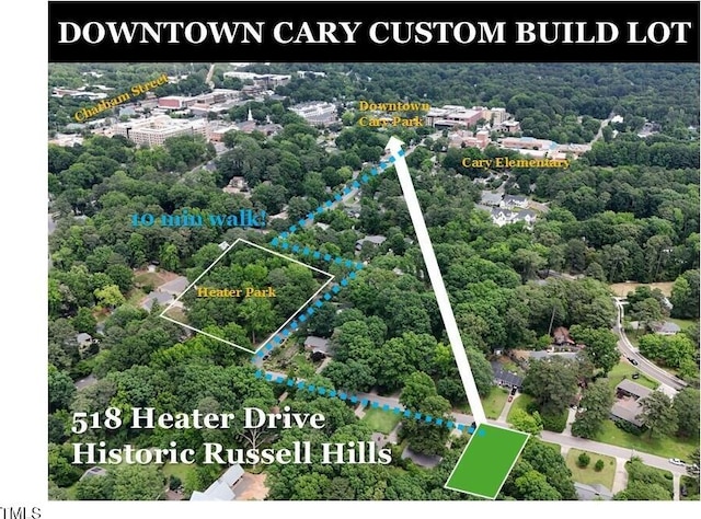 518 Heater Dr Unit B, Cary, NC 27511 - aerial overview of property's location with property boundaries highlighted and a forest