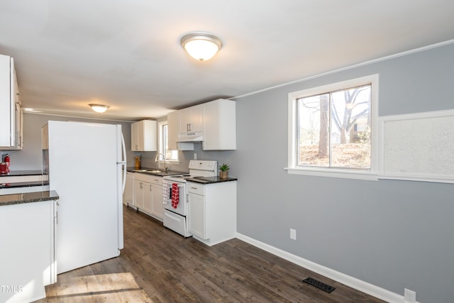 3013 Avery St, Raleigh, NC 27610 - kitchen featuring white appliances, under cabinet range hood, white cabinets, plenty of natural light, and ornamental molding