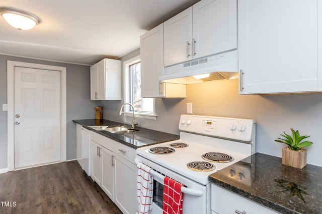 3013 Avery St, Raleigh, NC 27610 - kitchen with white range with electric stovetop, under cabinet range hood, white cabinetry, and dark wood-type flooring