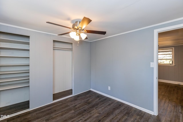 3013 Avery St, Raleigh, NC 27610 - unfurnished bedroom featuring dark wood-type flooring, crown molding, and a ceiling fan