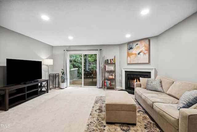 113 Twisted Oak Pl, Durham, NC 27705 - living room with recessed lighting, a fireplace with flush hearth, and carpet flooring