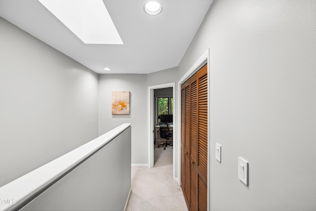 113 Twisted Oak Pl, Durham, NC 27705 - hallway with light colored carpet, recessed lighting, a skylight, an upstairs landing, and a desk
