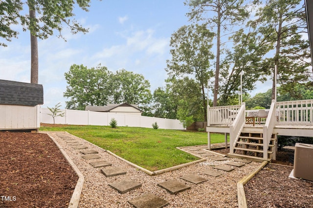 5400 Kaplan Dr, Raleigh, NC 27606 - fenced backyard with a deck, a storage unit, and stairs