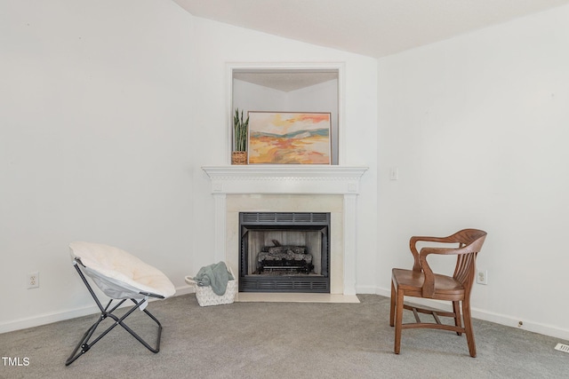 2312 Buckstone Ct, Fuquay Varina, NC 27526 - sitting room with carpet flooring, a fireplace with flush hearth, and lofted ceiling