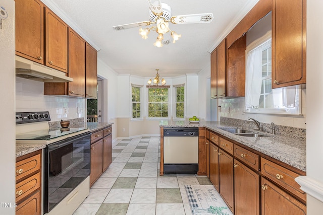 2312 Buckstone Ct, Fuquay Varina, NC 27526 - kitchen featuring electric stove, dishwasher, under cabinet range hood, a chandelier, and tasteful backsplash