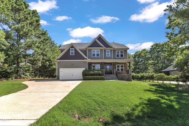 6332 Mountain Oaks Way, Wake Forest, NC 27587 - craftsman house with concrete driveway, a porch, a front lawn, and a garage