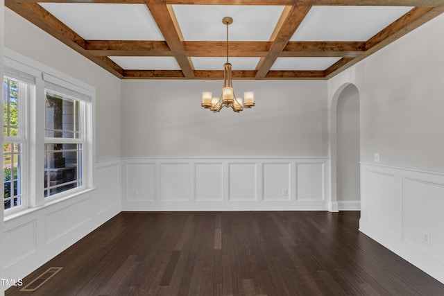 6332 Mountain Oaks Way, Wake Forest, NC 27587 - unfurnished dining area with coffered ceiling, beamed ceiling, a chandelier, dark wood-type flooring, and arched walkways