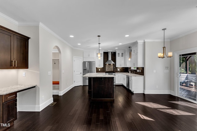 6332 Mountain Oaks Way, Wake Forest, NC 27587 - kitchen featuring stainless steel appliances, wall chimney range hood, a center island, dark wood-style flooring, and recessed lighting