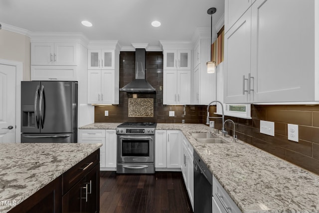 6332 Mountain Oaks Way, Wake Forest, NC 27587 - kitchen with fridge with ice dispenser, stainless steel range with gas cooktop, wall chimney range hood, black dishwasher, and dark wood-style flooring