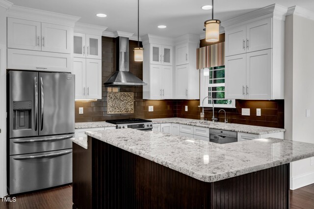 6332 Mountain Oaks Way, Wake Forest, NC 27587 - kitchen with appliances with stainless steel finishes, wall chimney exhaust hood, dark wood-type flooring, glass insert cabinets, and white cabinets