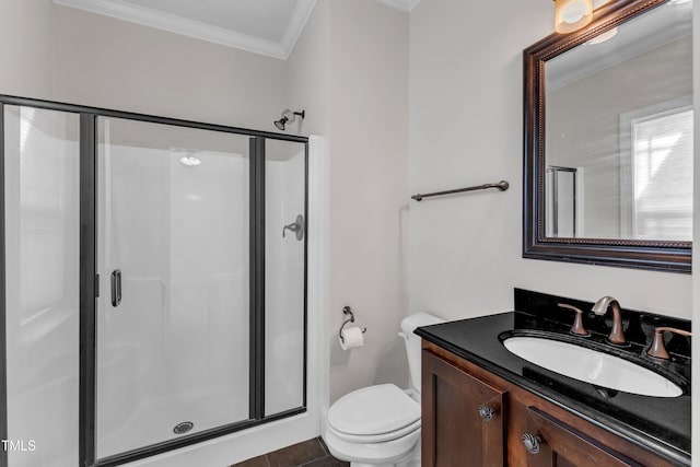 6332 Mountain Oaks Way, Wake Forest, NC 27587 - bathroom with ornamental molding, a stall shower, and vanity