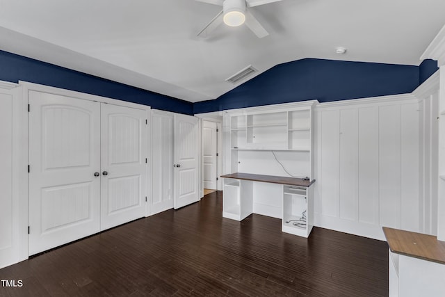 6332 Mountain Oaks Way, Wake Forest, NC 27587 - unfurnished office featuring vaulted ceiling, ceiling fan, and dark wood finished floors