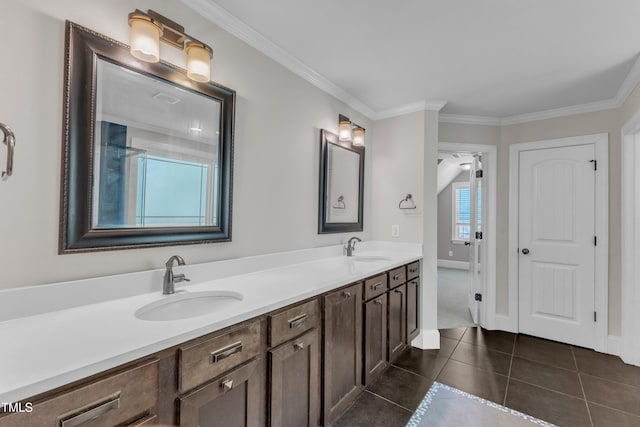 6332 Mountain Oaks Way, Wake Forest, NC 27587 - full bathroom with double vanity, crown molding, and tile patterned floors