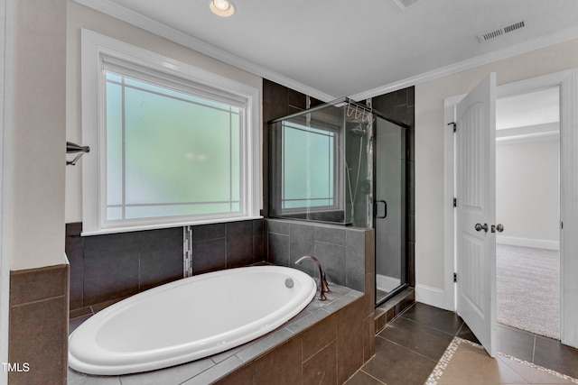 6332 Mountain Oaks Way, Wake Forest, NC 27587 - full bathroom with a garden tub, a shower stall, tile patterned flooring, and crown molding