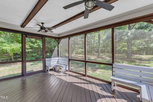 6332 Mountain Oaks Way, Wake Forest, NC 27587 - unfurnished sunroom with ceiling fan, beamed ceiling, and healthy amount of natural light
