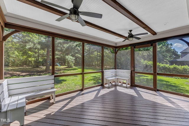 6332 Mountain Oaks Way, Wake Forest, NC 27587 - unfurnished sunroom featuring ceiling fan and beam ceiling