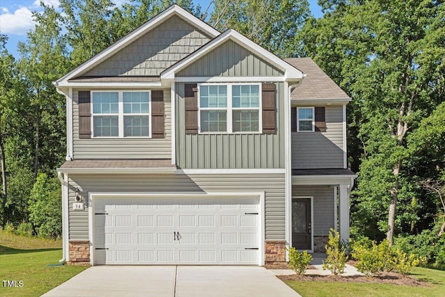 94 Taverners Ln, Angier, NC 27501 - craftsman-style home featuring stone siding, board and batten siding, and driveway