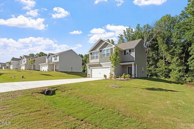 94 Taverners Ln, Angier, NC 27501 - craftsman house with a garage, driveway, a residential view, and a front lawn