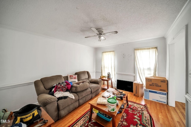 2504 Lancaster Rd NW, Wilson, NC 27896 - living area featuring a textured ceiling, ceiling fan, crown molding, and wood finished floors